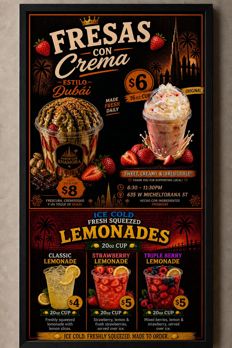 A vibrant menu board featuring "Fresas con Crema" desserts and various fresh-squeezed lemonades.