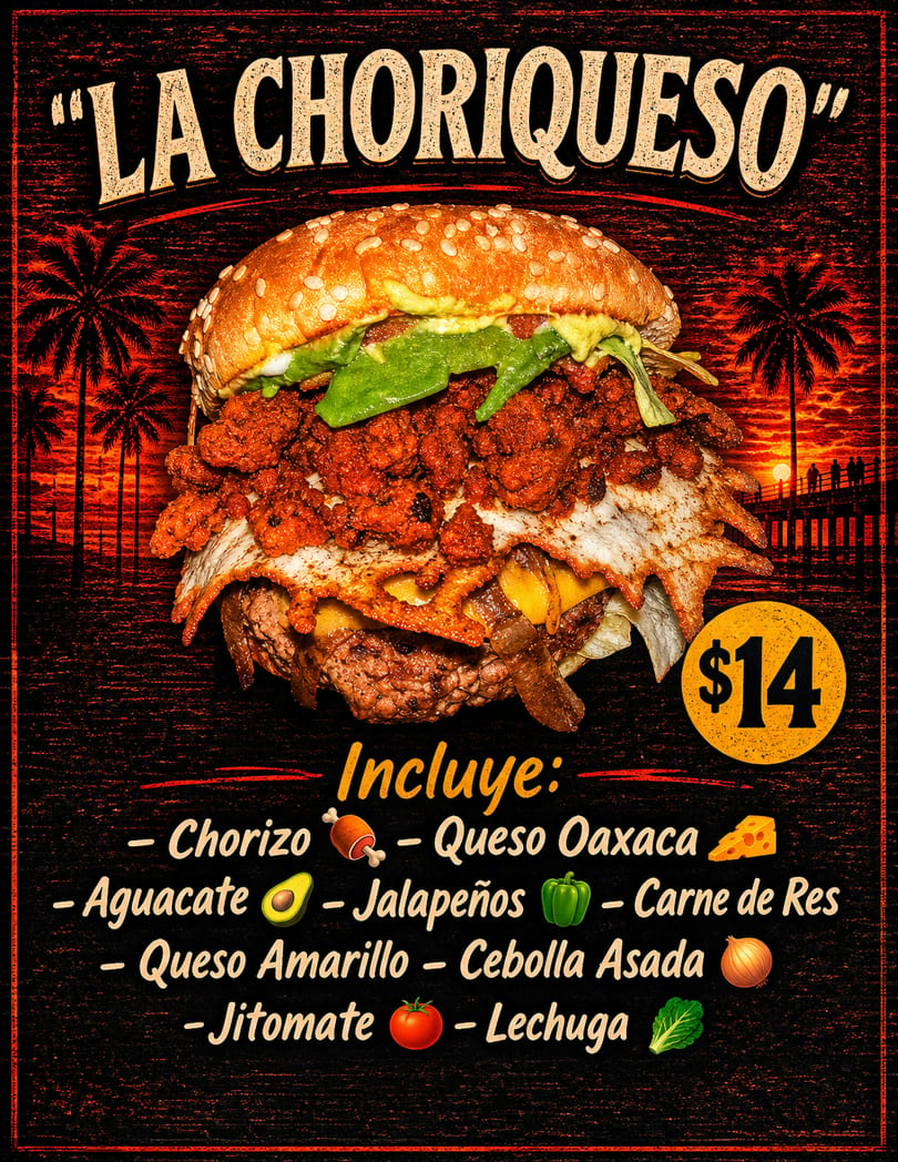 A "La Choriqueso" burger with chorizo, cheese, and avocado, priced at $14, against a sunset backdrop.