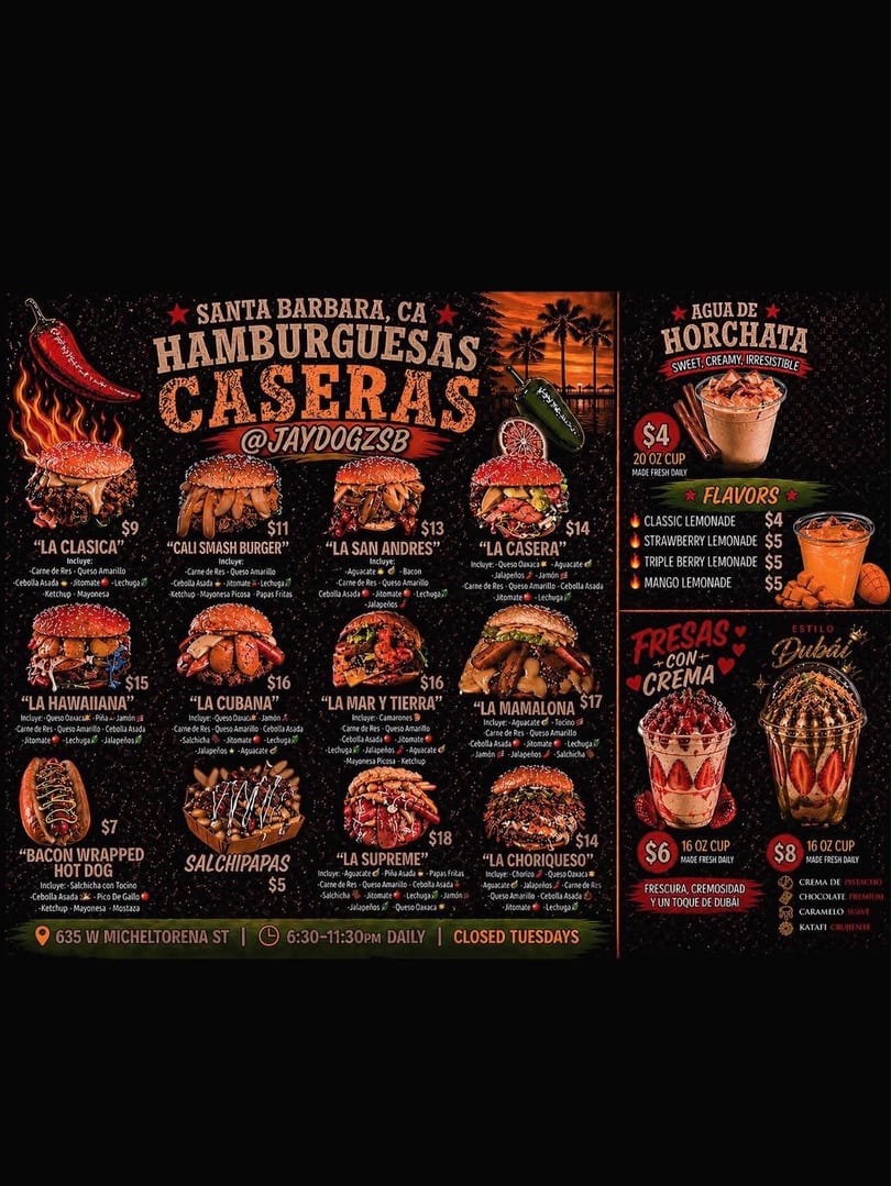 A menu for "Hamburguesas Caseras" featuring various burgers, hot dogs, fries, and drinks.