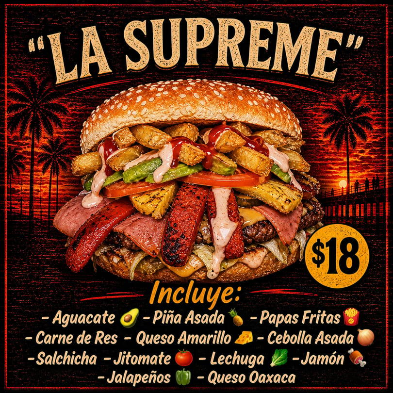 A large burger, "La Supreme," with various toppings, against a sunset beach background.