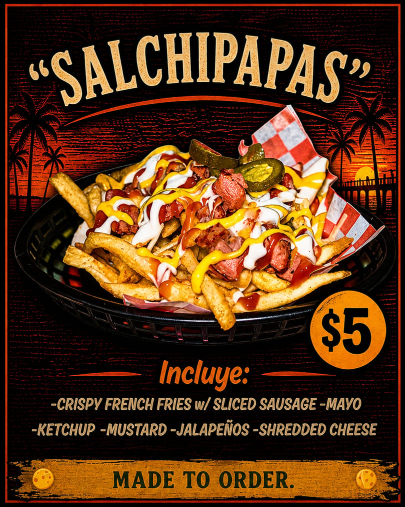 Salchipapas: crispy french fries with sliced sausage, mayo, ketchup, mustard, jalapeños, and shredded cheese.